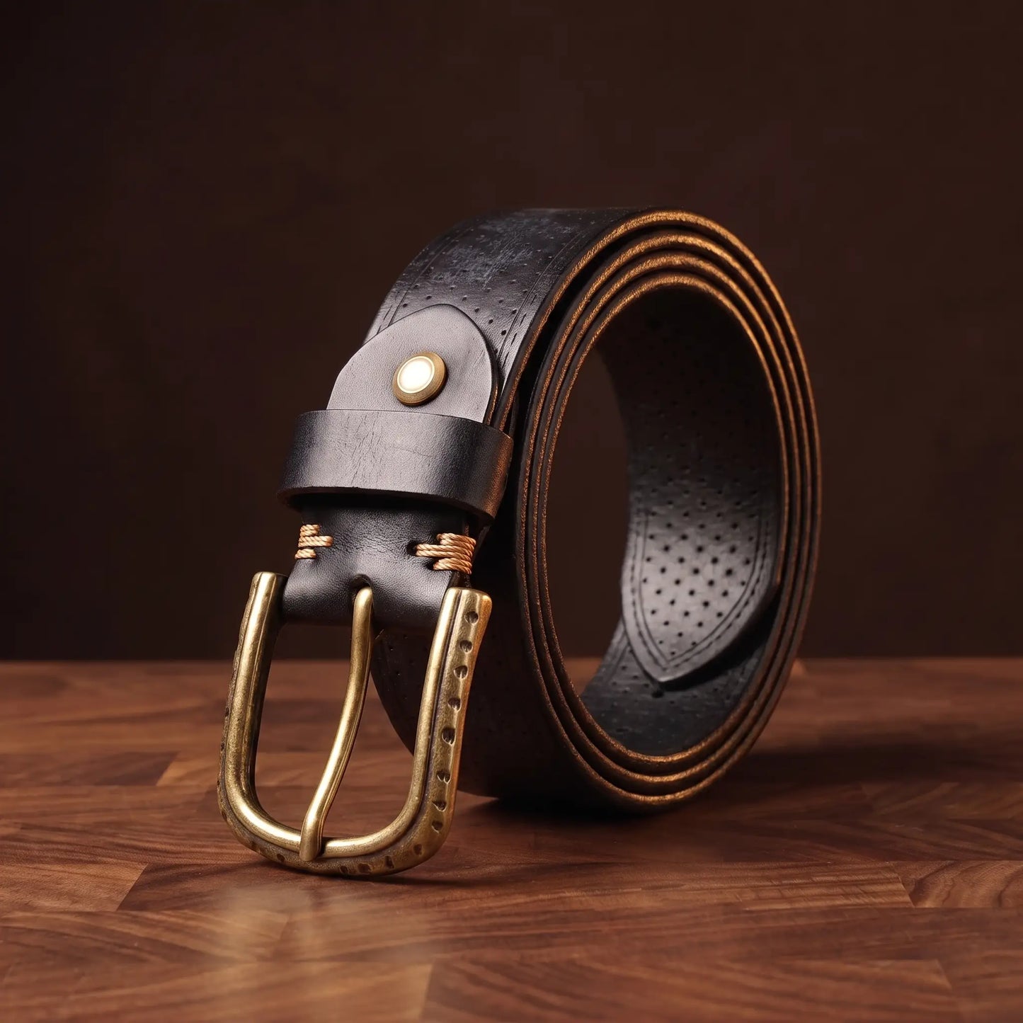 Brass ring belt in black genuine leather with antique brass pin buckle and dotted texture