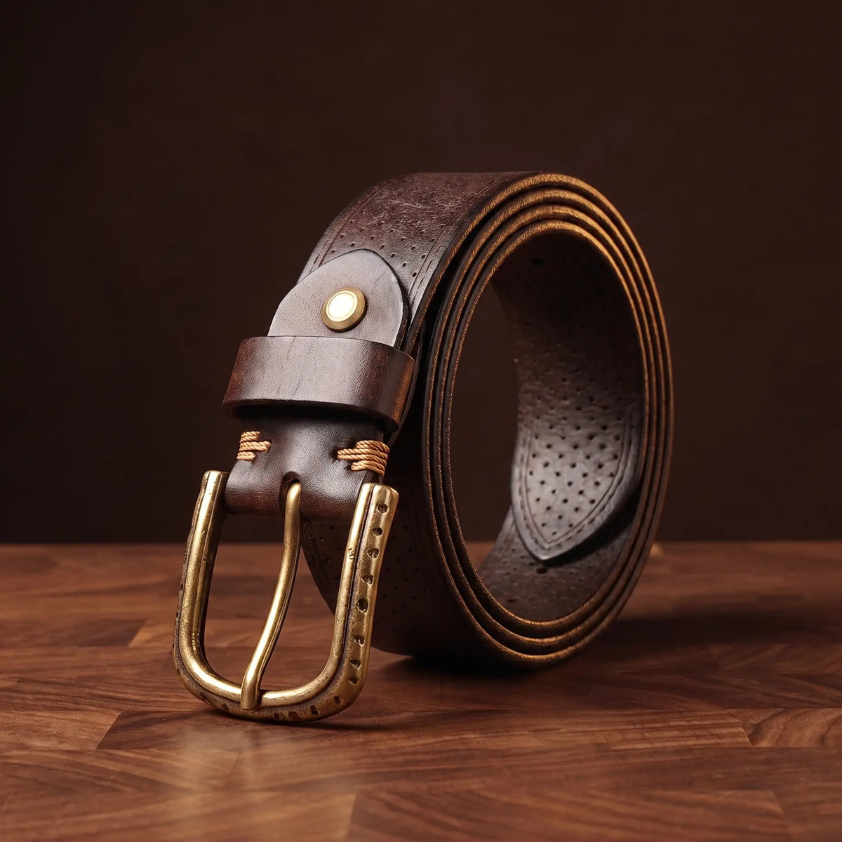 Brass ring belt in brown genuine leather with antique brass pin buckle and dotted texture
