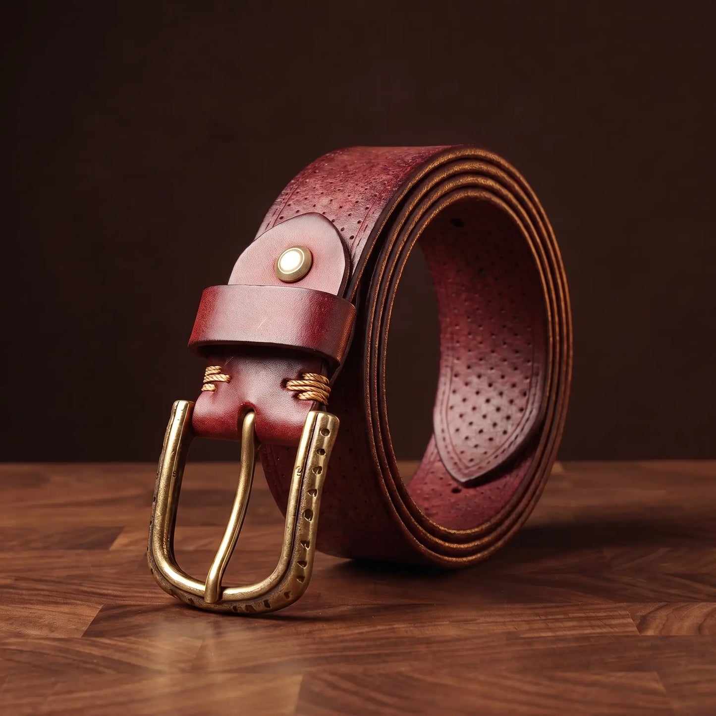 Brass ring belt in red genuine leather with antique brass pin buckle and dotted texture