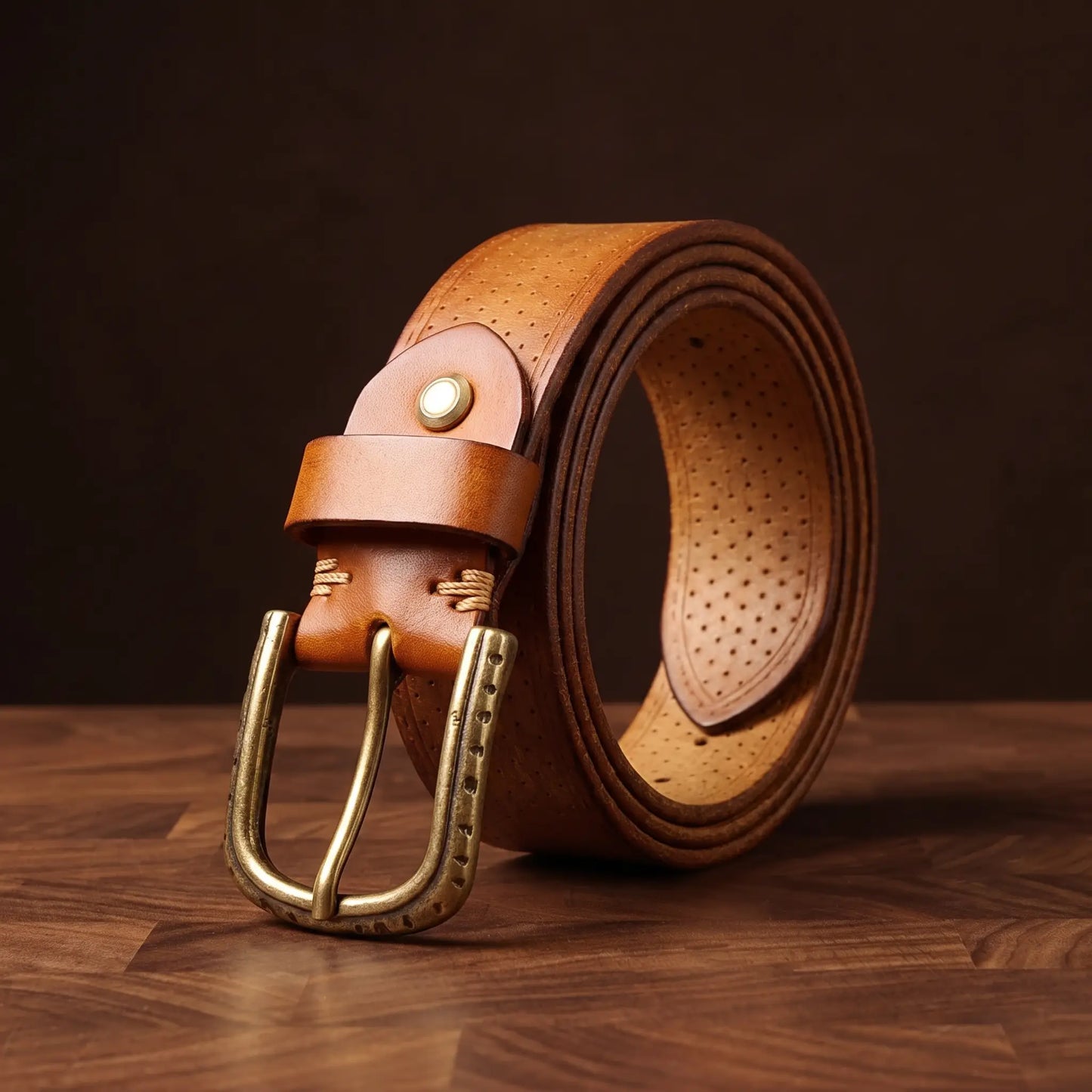 Brass ring belt in tan genuine leather with antique brass pin buckle and dotted texture