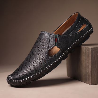 Breathable Summer Loafers in black - single perforated leather driving loafer