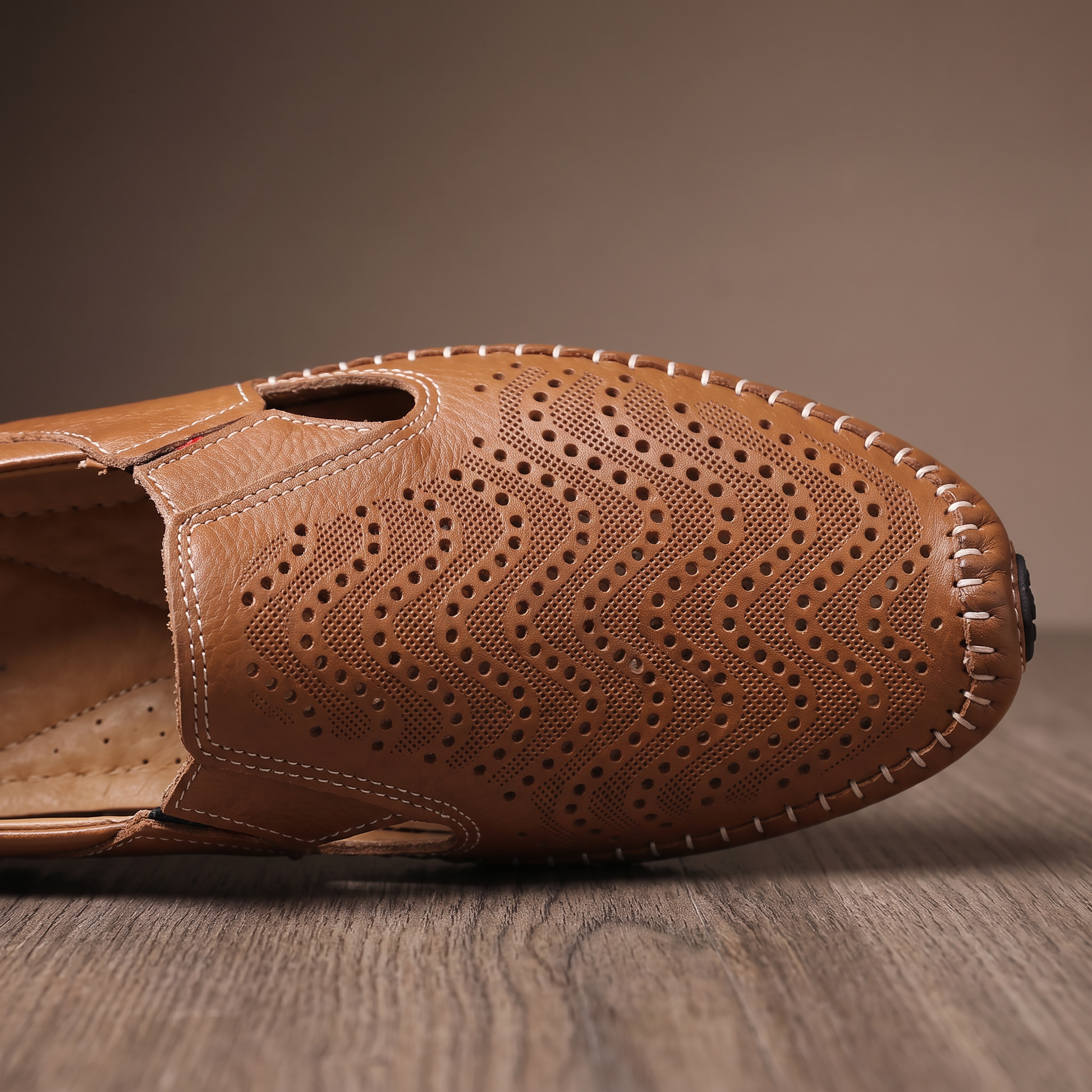 Breathable Summer Loafers detail - perforated vamp and moccasin stitching