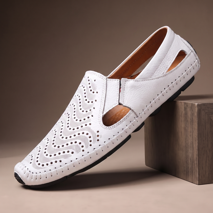 Breathable Summer Loafers in white - single perforated leather driving loafer