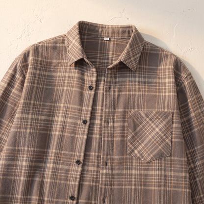 BRUSHED FLANNEL SHIRT collar and pocket close-up - point collar, button placket and flat patch chest pocket in grey brown check