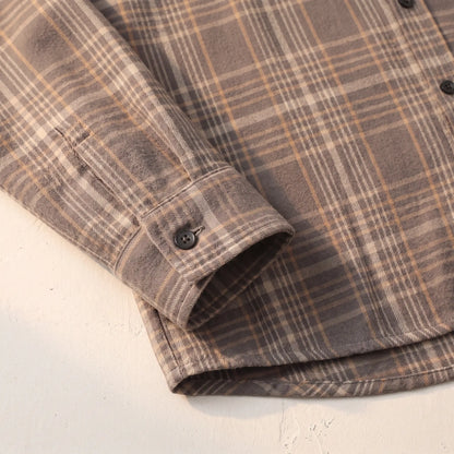 BRUSHED FLANNEL SHIRT cuff and hem close-up - plain barrel cuff with button and straight hem in grey brown check flannel
