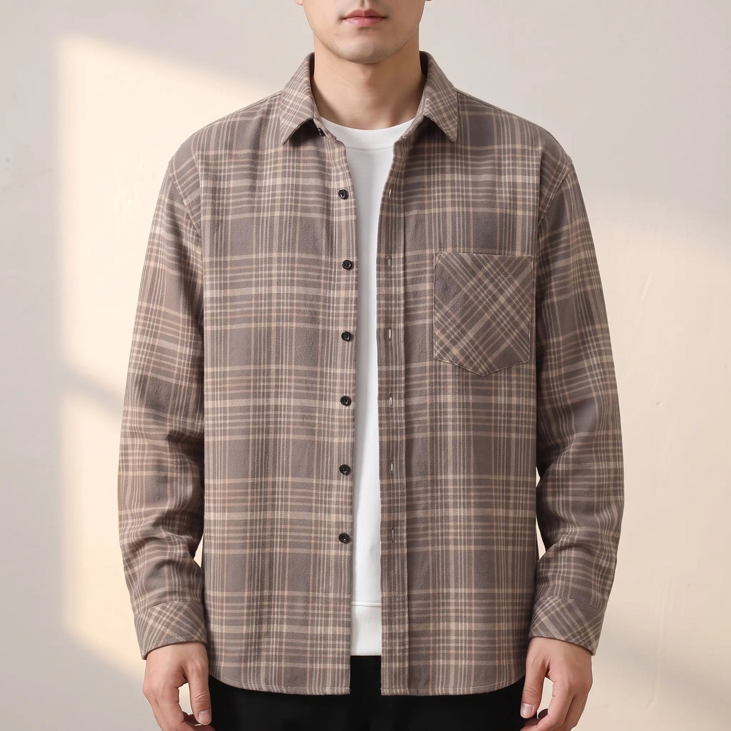 BRUSHED FLANNEL SHIRT worn open over a white tee - grey brown check flannel shirt styled on a model