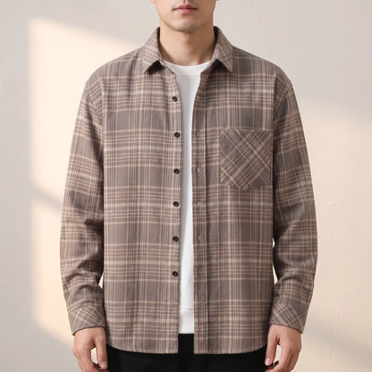BRUSHED FLANNEL SHIRT worn open over a white tee - grey brown check flannel shirt styled on a model