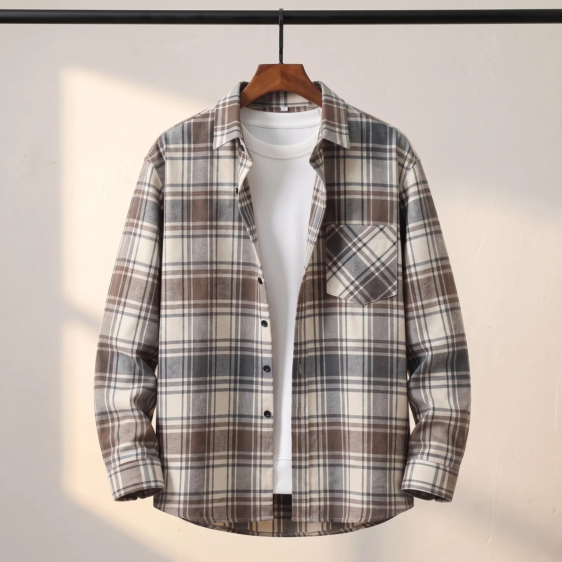 BRUSHED FLANNEL SHIRT in White - cream brown and slate check flannel shirt with point collar and chest pocket on a wooden hanger
