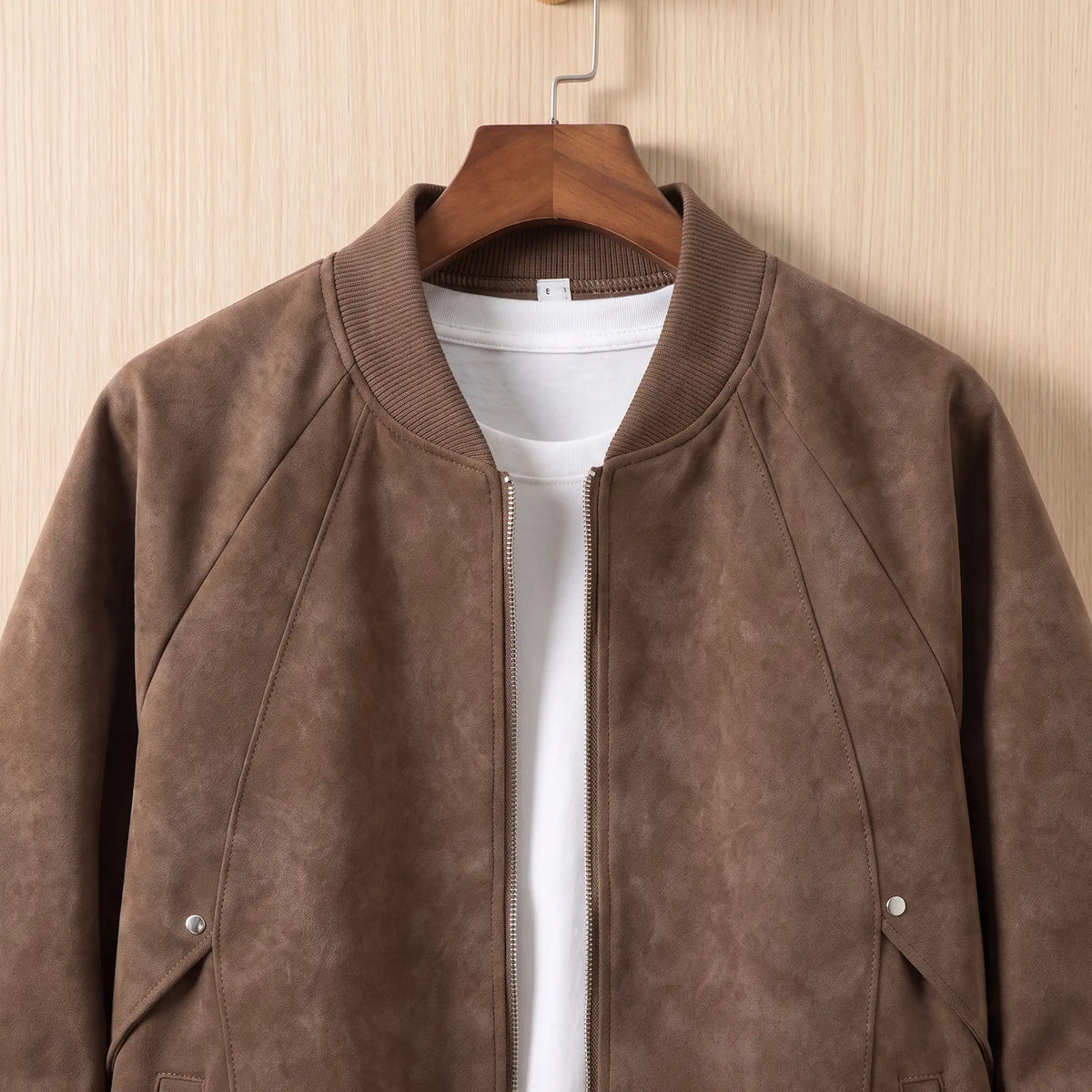 Brushed Zip Bomber in Brown, rib collar and zip detail