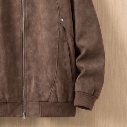 Brushed Zip Bomber in Brown, side pocket, rib cuff and hem detail