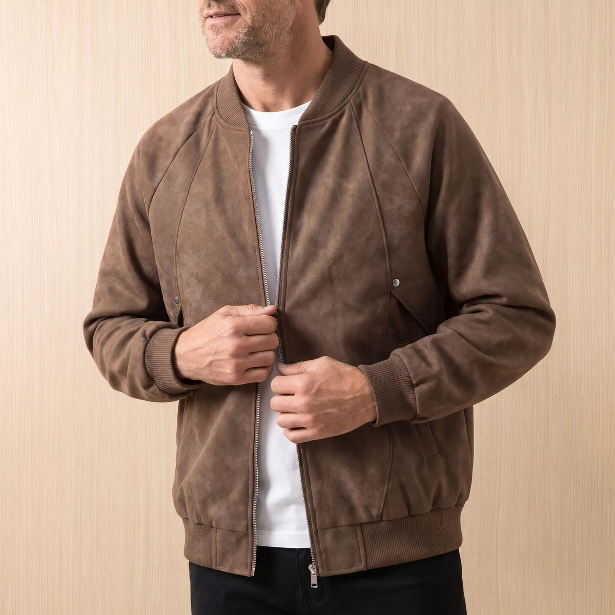 Brushed Zip Bomber in Brown, worn open over a white tee