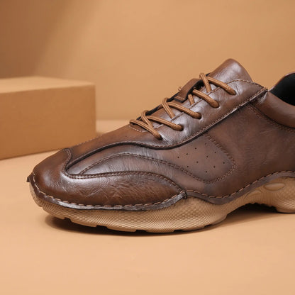 Burnished Casual Sneakers in Brown, moc toe seam and laces close-up