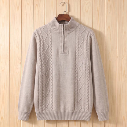 CABLE PANEL SWEATER in beige, men's half-zip cable knit sweater with stand collar