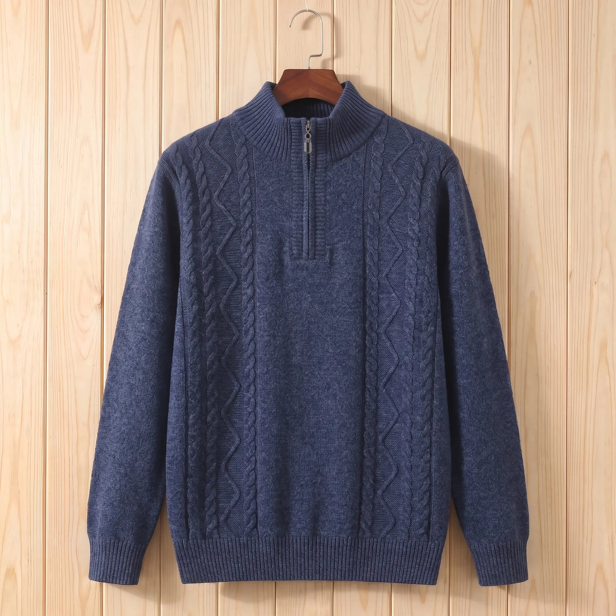 CABLE PANEL SWEATER in blue, men's half-zip cable knit sweater with stand collar
