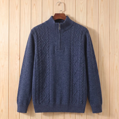 CABLE PANEL SWEATER in blue, men's half-zip cable knit sweater with stand collar