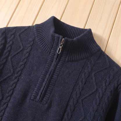 Close up of the CABLE PANEL SWEATER stand collar and zip
