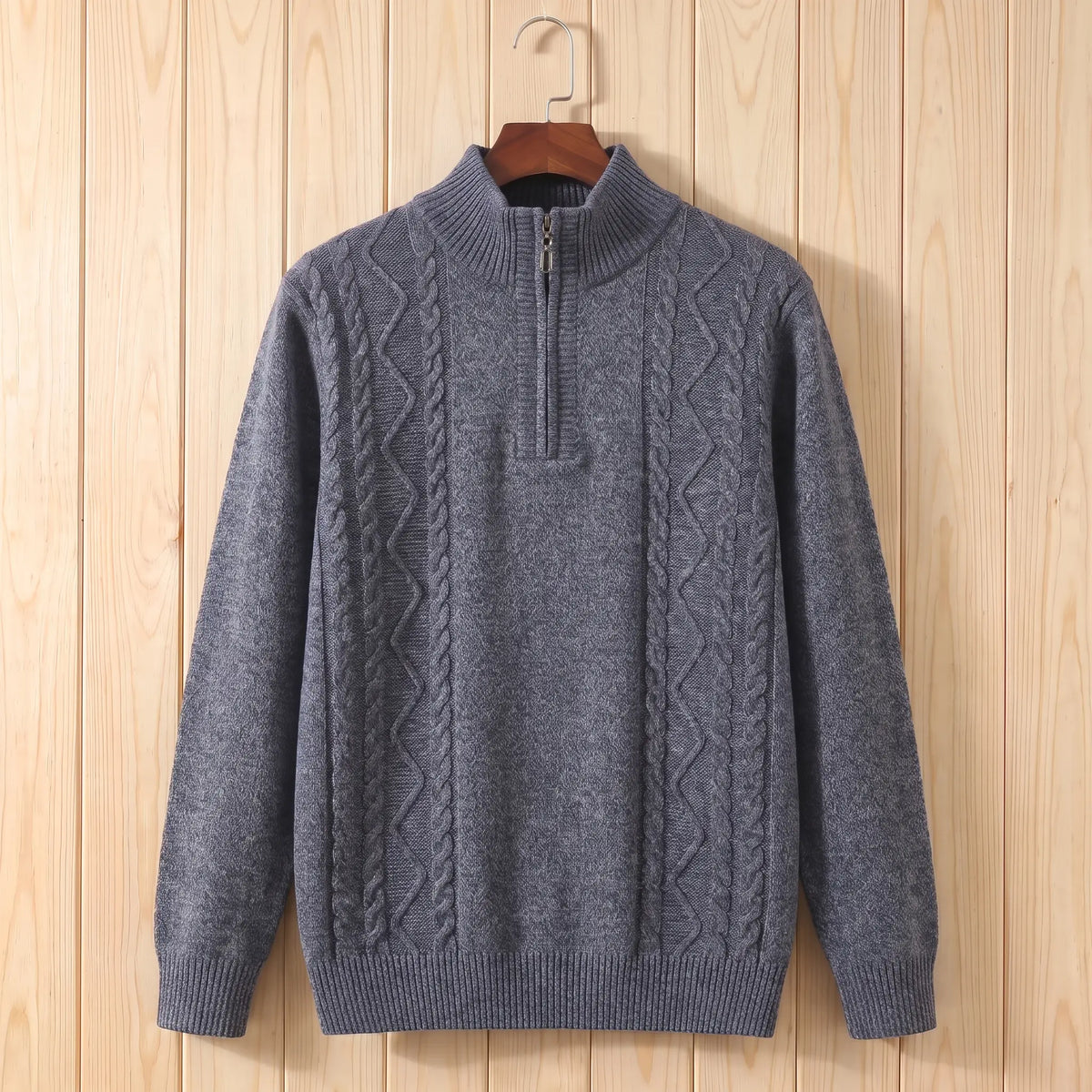 CABLE PANEL SWEATER in gray, men's half-zip cable knit sweater with stand collar