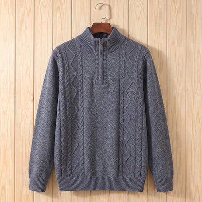 CABLE PANEL SWEATER in gray, men's half-zip cable knit sweater with stand collar