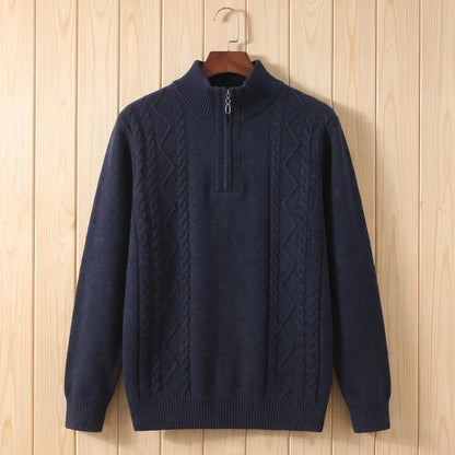 CABLE PANEL SWEATER in navy blue, men's half-zip cable knit sweater with stand collar