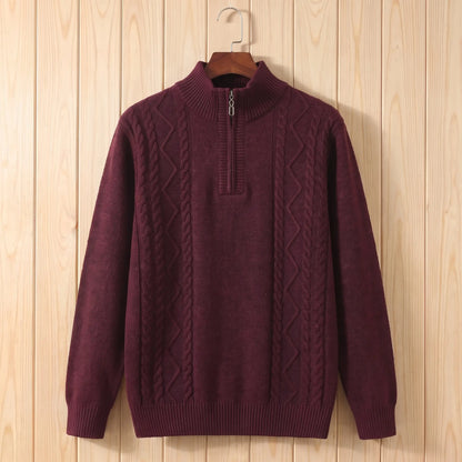 CABLE PANEL SWEATER in red, men's half-zip cable knit sweater with stand collar