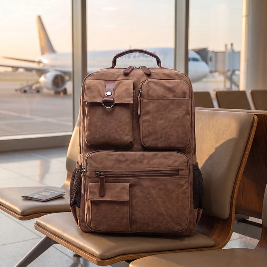 Canvas travel backpack in brown on an airport gate seat