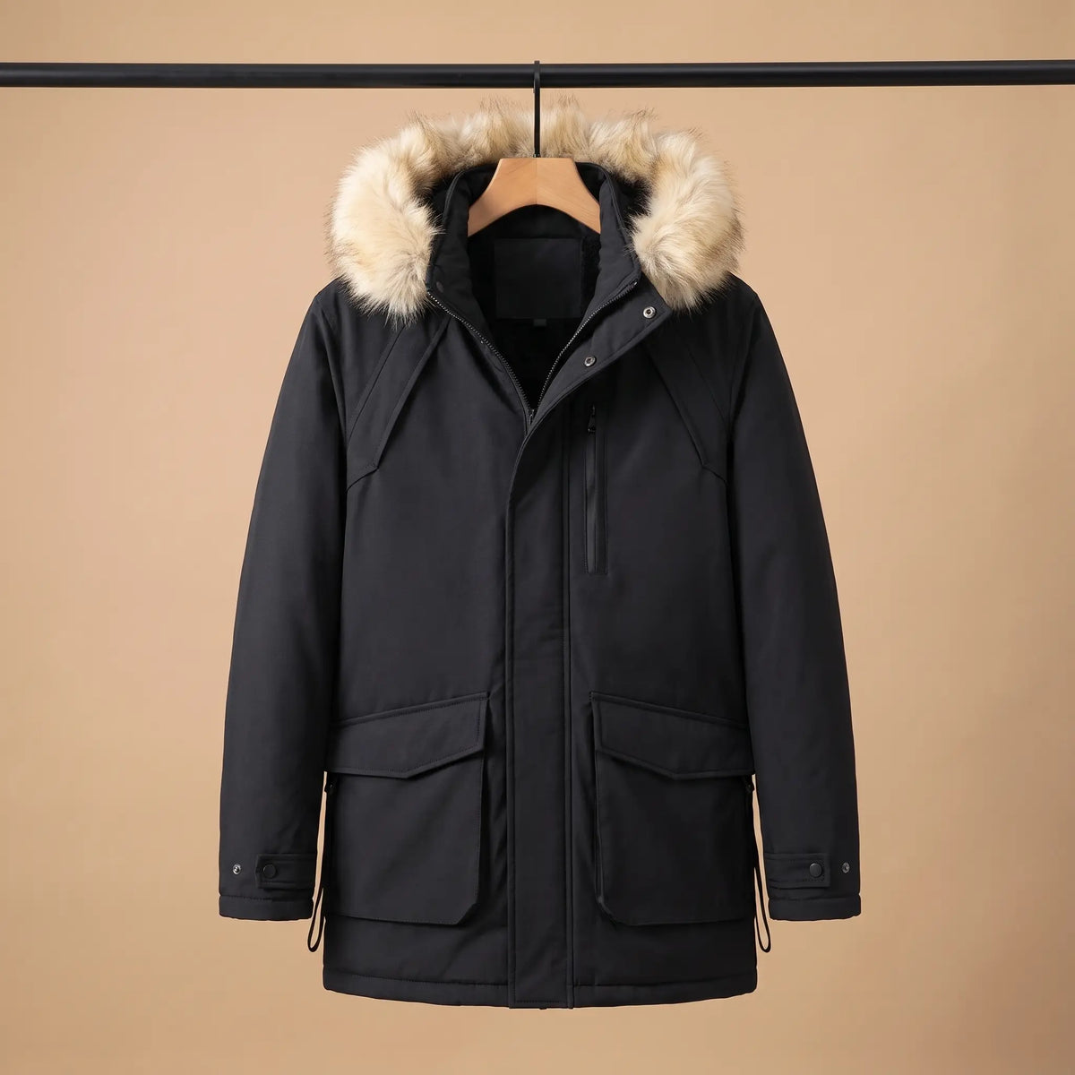 Black cargo pocket parka for men with fur trimmed hood on a wooden hanger