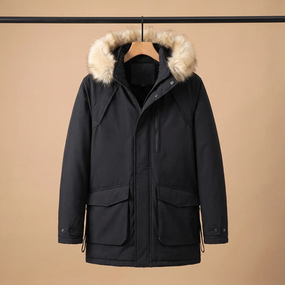 Black cargo pocket parka for men with fur trimmed hood on a wooden hanger