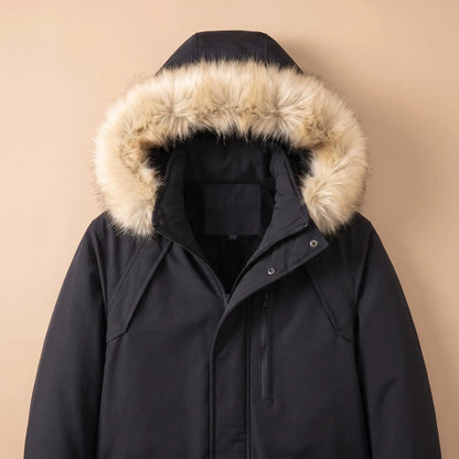 Flat lay of the fur trimmed hood and zip front on a black cargo pocket parka for men