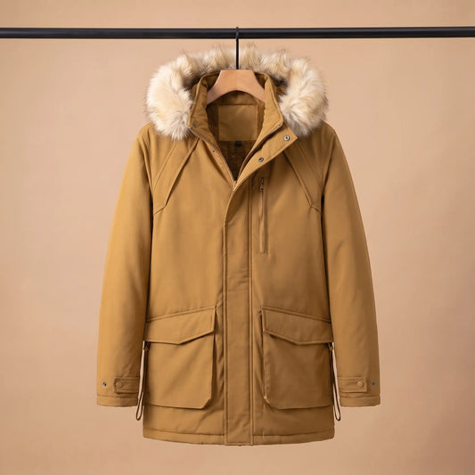 Brown cargo pocket parka for men with fur trimmed hood on a wooden hanger