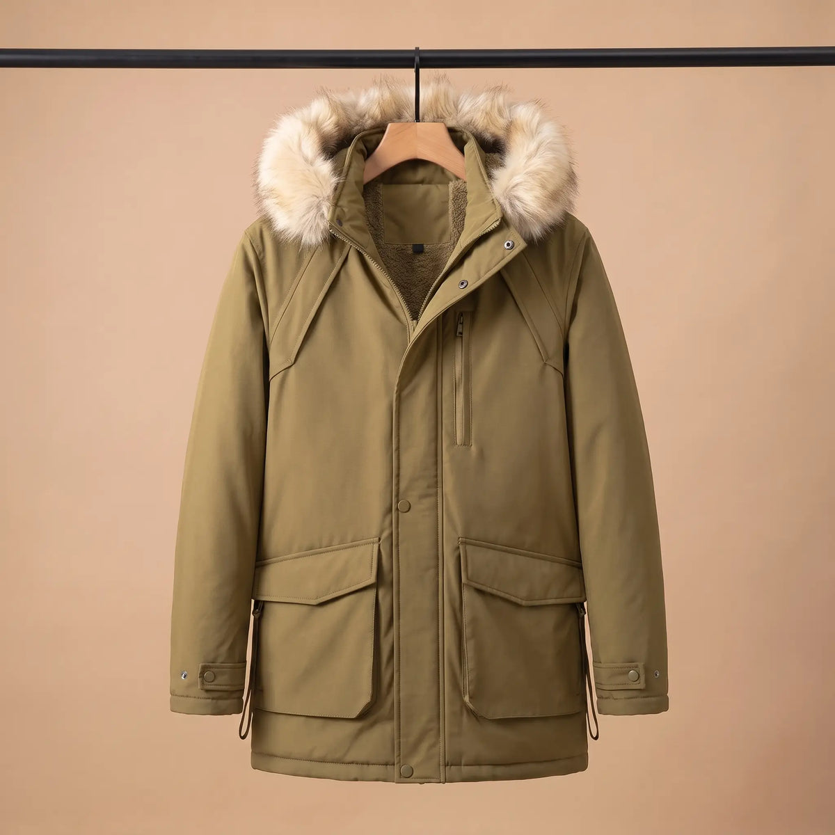 Khaki cargo pocket parka for men with fur trimmed hood on a wooden hanger