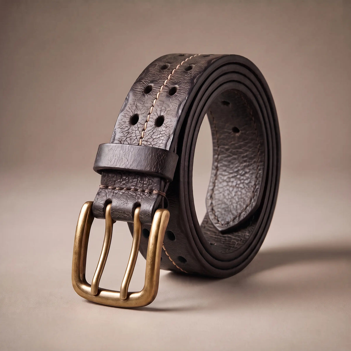 Men's black distressed cowhide leather belt with center stitch line and double-prong brass buckle, coiled