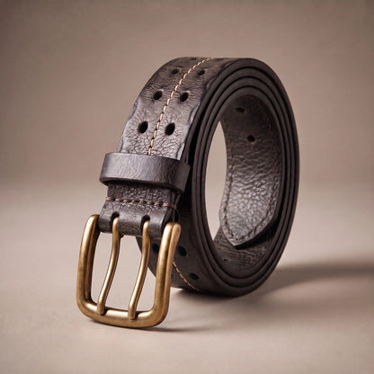 Men's black distressed cowhide leather belt with center stitch line and double-prong brass buckle, coiled