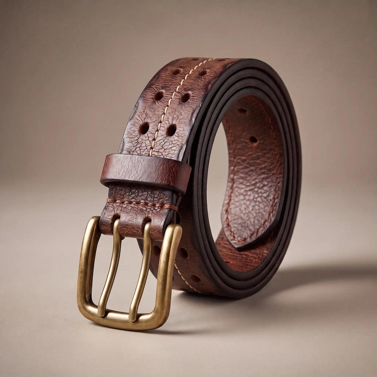 Men's brown distressed cowhide leather belt with center stitch line and double-prong brass buckle, coiled