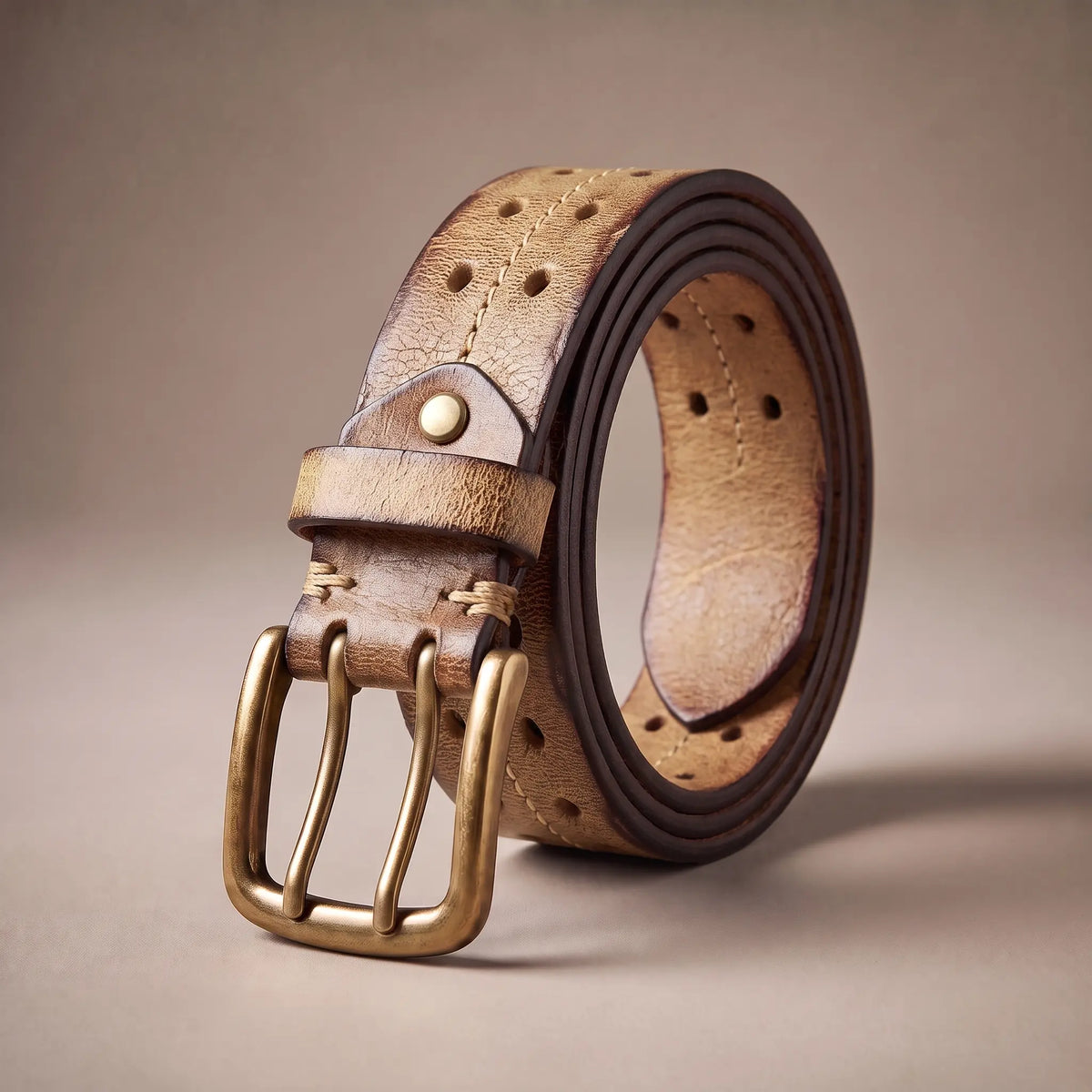 Men's khaki distressed cowhide leather belt with center stitch line and double-prong brass buckle, coiled