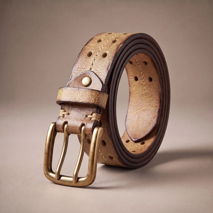 Men's khaki distressed cowhide leather belt with center stitch line and double-prong brass buckle, coiled