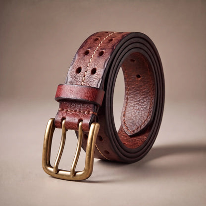 Men's red distressed cowhide leather belt with center stitch line and double-prong brass buckle, coiled