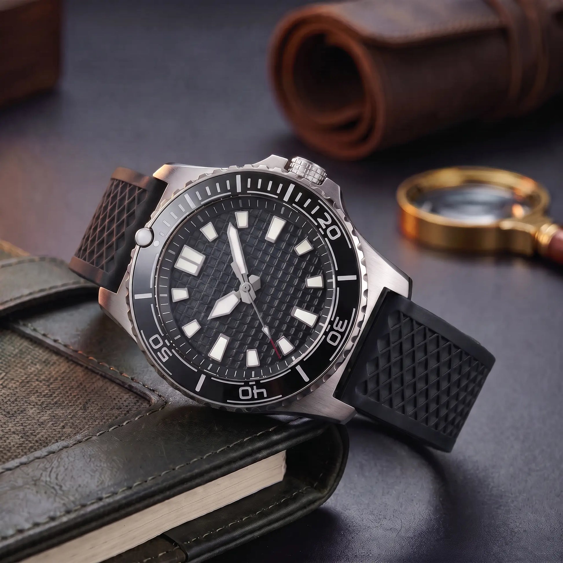 CERAMIC BEZEL WATCH in Black Rubber - steel dive watch with black ceramic bezel, waffle dial and black rubber strap
