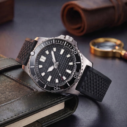 CERAMIC BEZEL WATCH in Black Rubber - steel dive watch with black ceramic bezel, waffle dial and black rubber strap