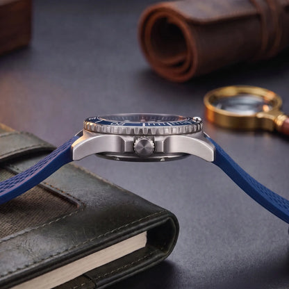 CERAMIC BEZEL WATCH case profile - screw-down crown, crown guards and textured blue rubber strap