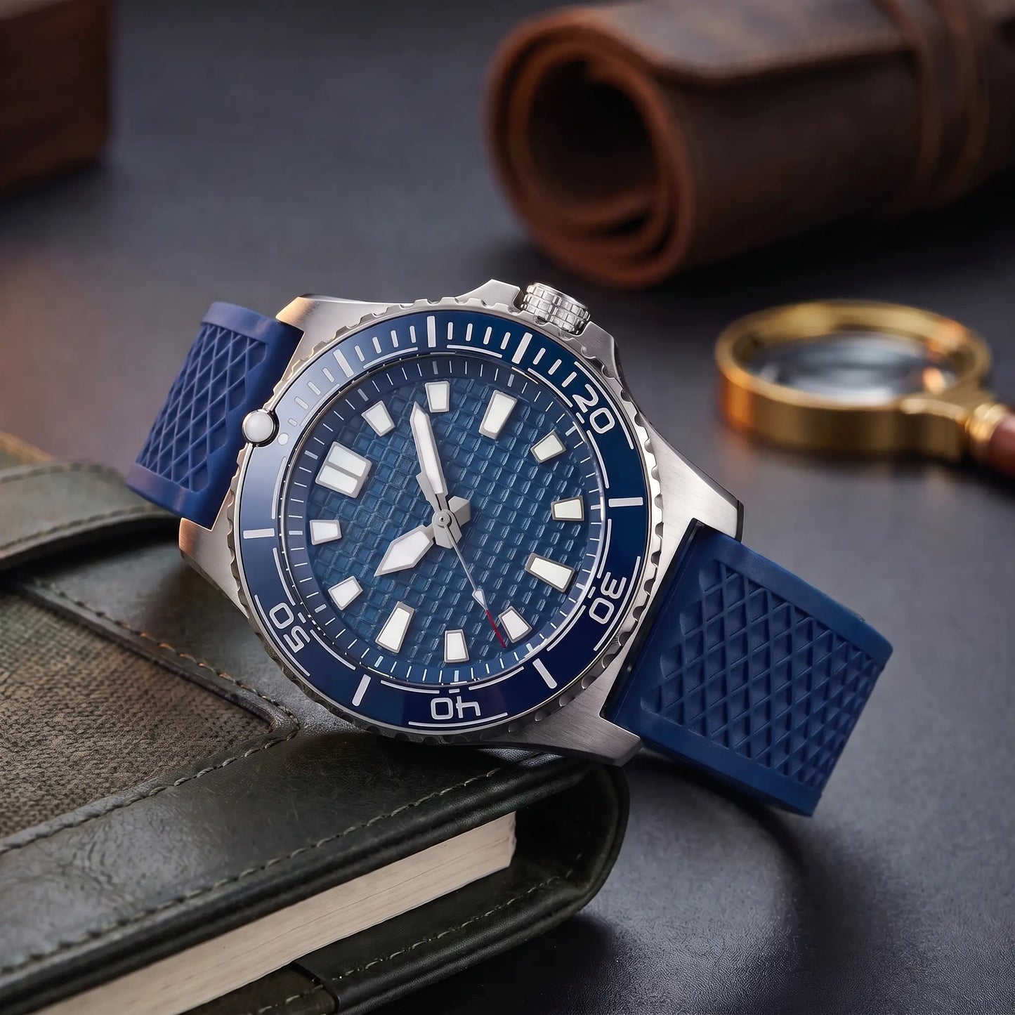 CERAMIC BEZEL WATCH in Blue Rubber - steel dive watch with blue ceramic bezel, waffle dial and blue rubber strap