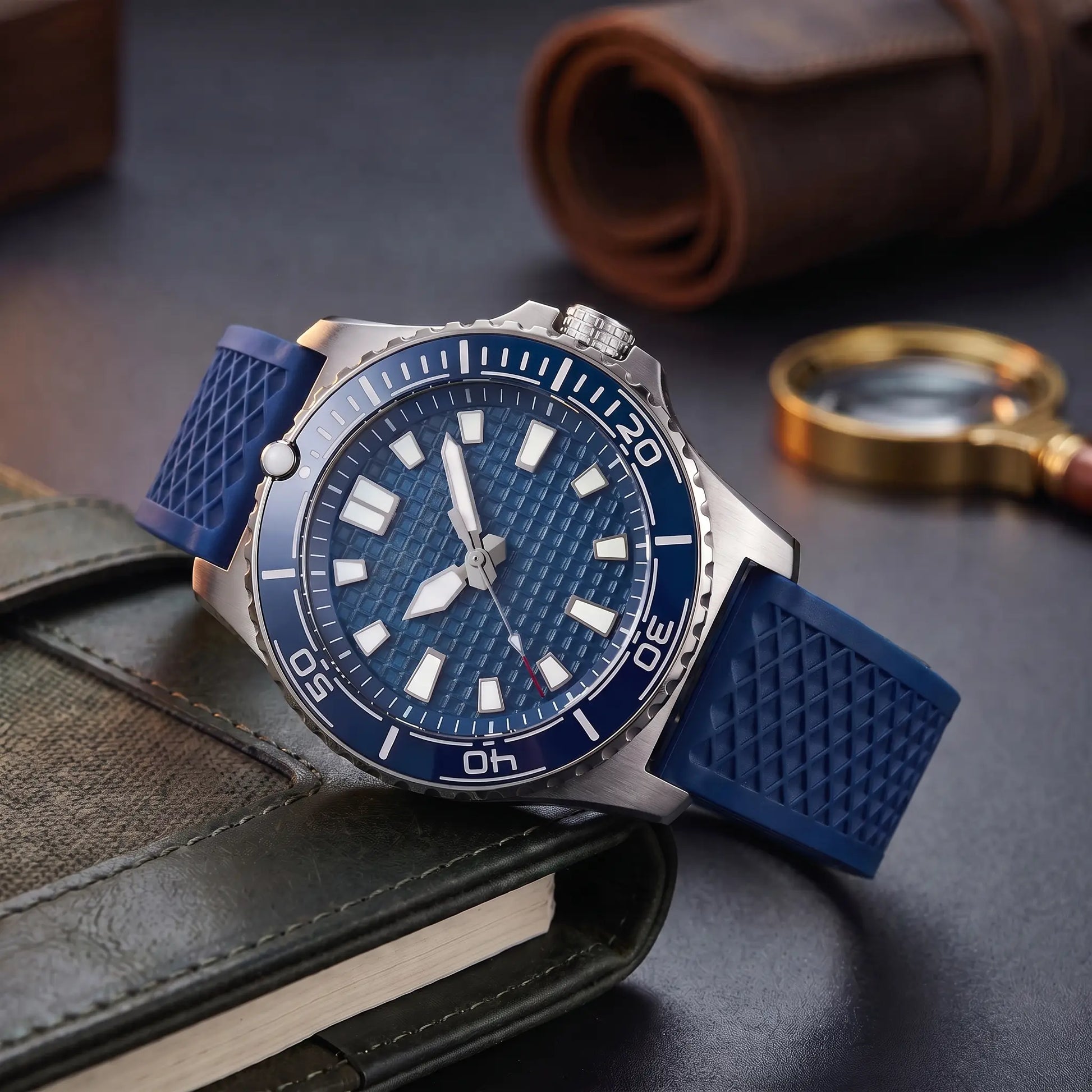 CERAMIC BEZEL WATCH in Blue Rubber - steel dive watch with blue ceramic bezel, waffle dial and blue rubber strap