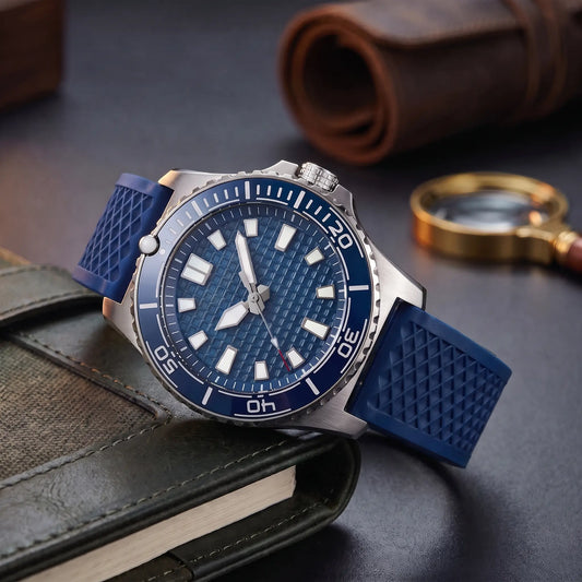CERAMIC BEZEL WATCH in Blue Rubber - steel dive watch with blue ceramic bezel, waffle dial and blue rubber strap