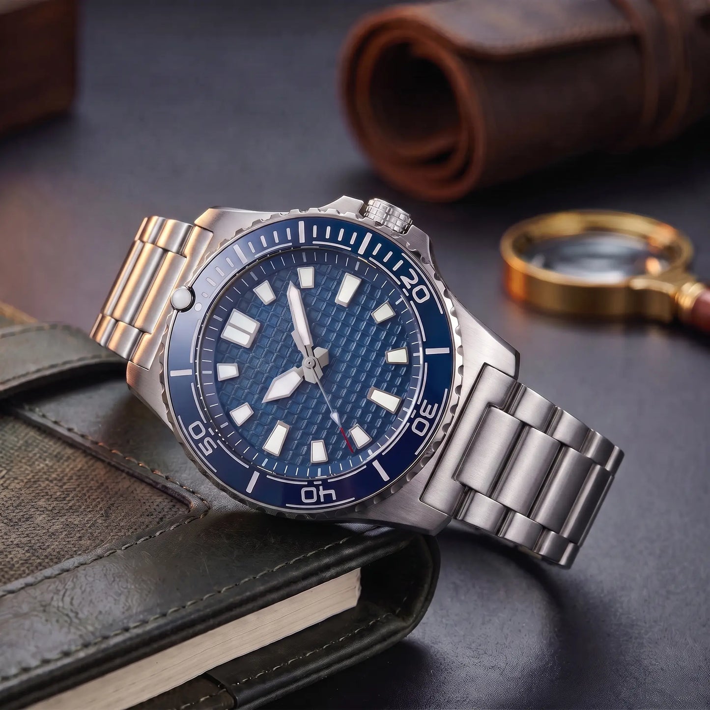 CERAMIC BEZEL WATCH in Blue Steel - steel dive watch with blue ceramic bezel and stainless steel bracelet