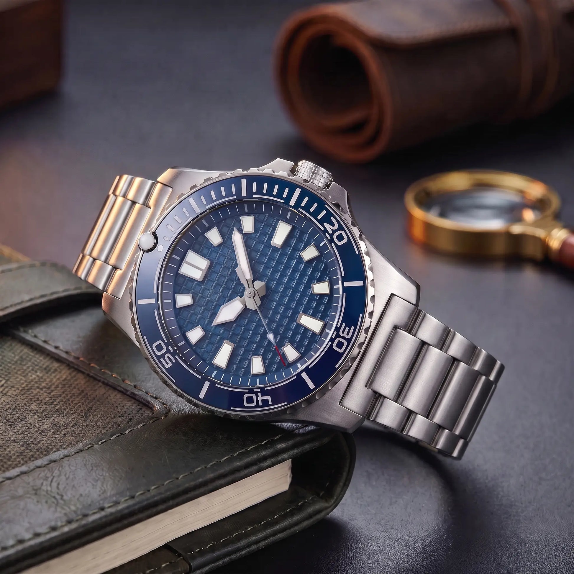 CERAMIC BEZEL WATCH in Blue Steel - steel dive watch with blue ceramic bezel and stainless steel bracelet