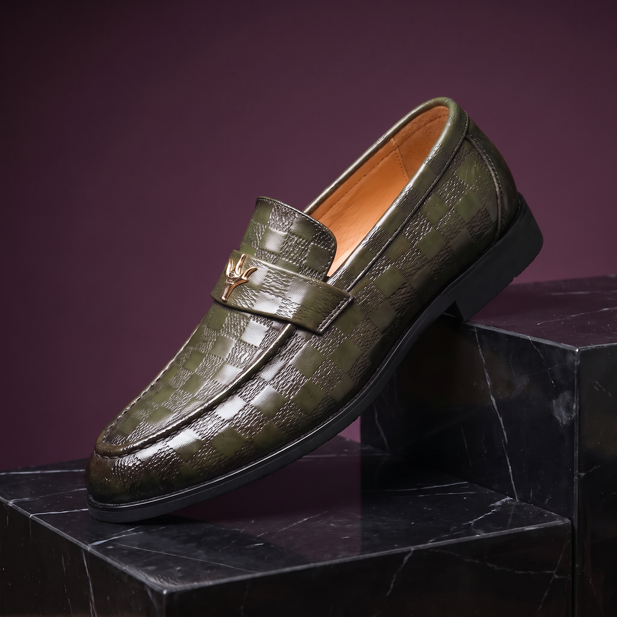 Olive green check embossed leather dress loafer with gold strap ornament