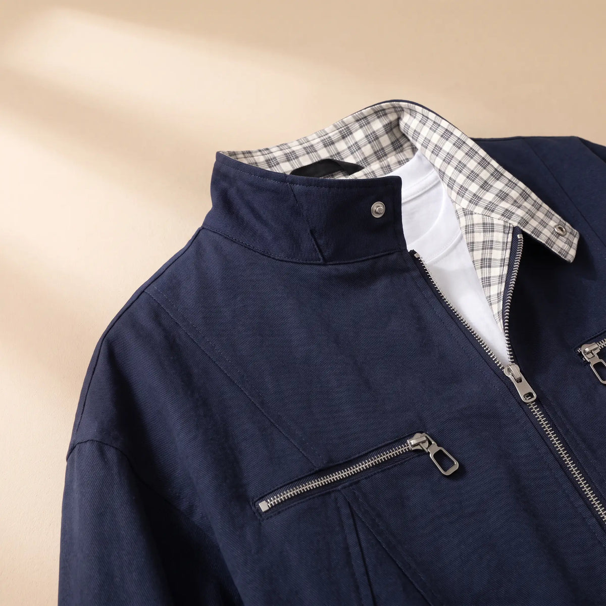 Check Collar Jacket in Navy Blue, collar and zip detail
