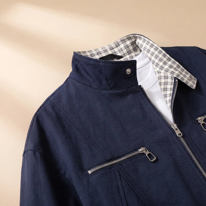 Check Collar Jacket in Navy Blue, collar and zip detail