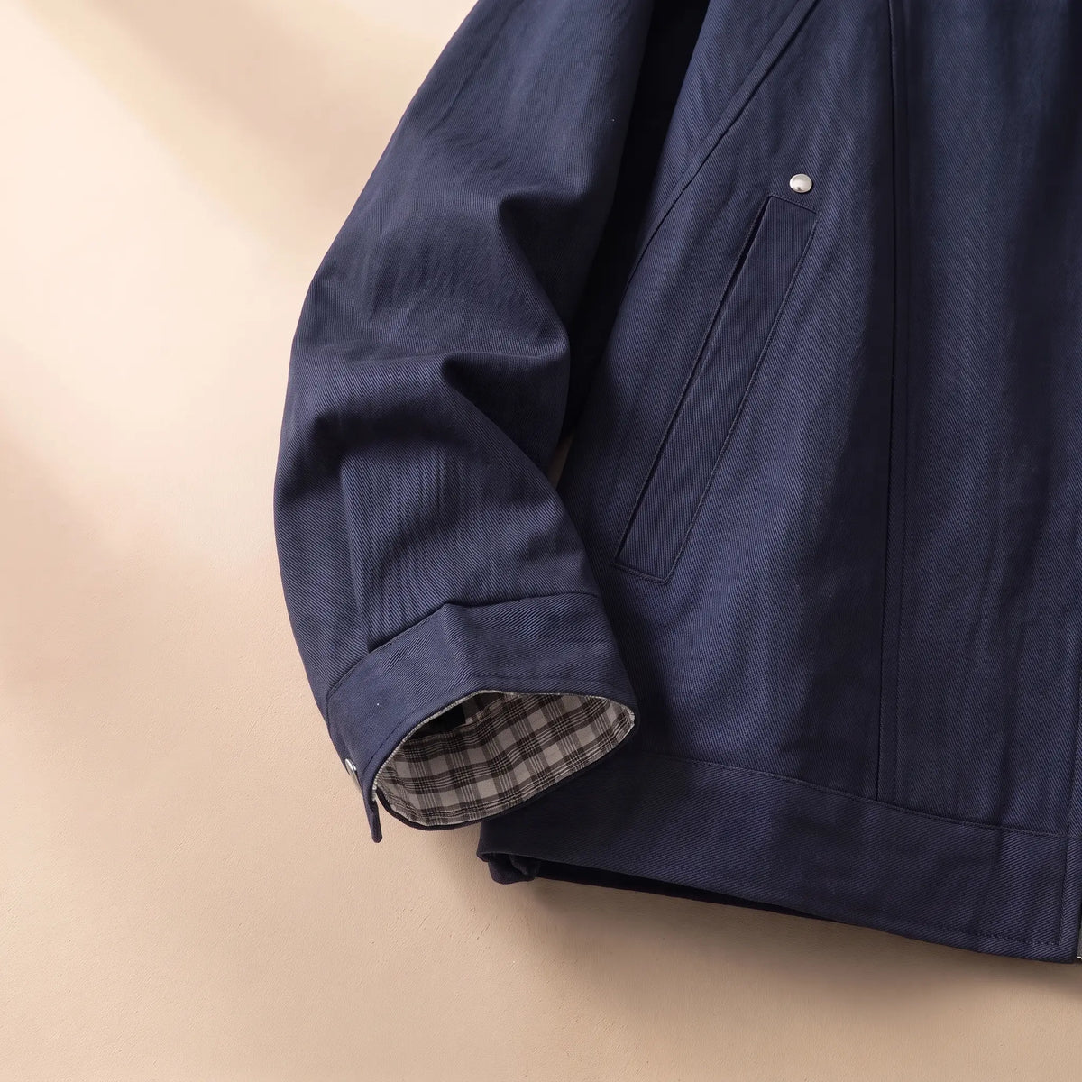 Check Collar Jacket in Navy Blue, pocket and cuff detail