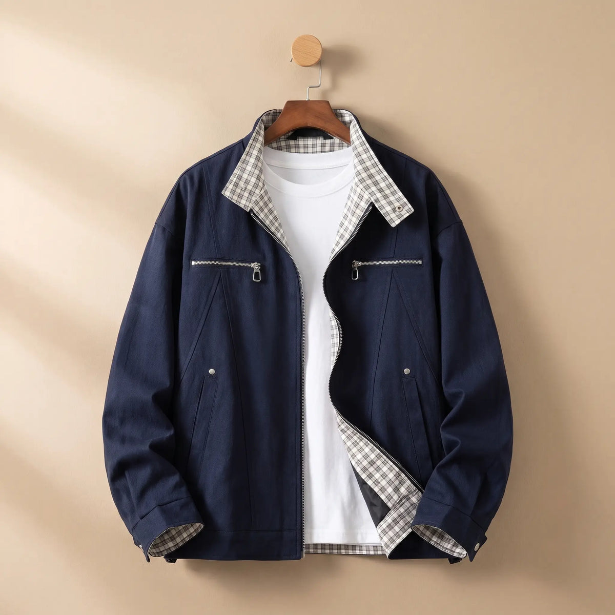 Check Collar Jacket in Navy Blue