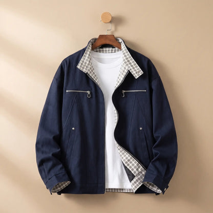 Check Collar Jacket in Navy Blue
